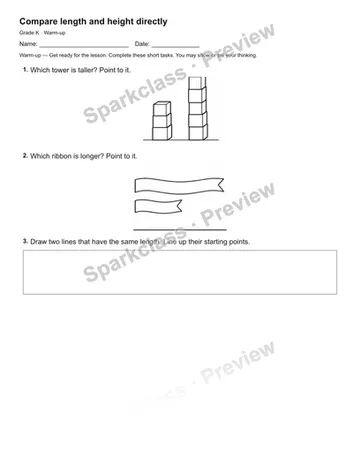 Compare length and height directly — Warm-up — Kindergarten worksheet preview
