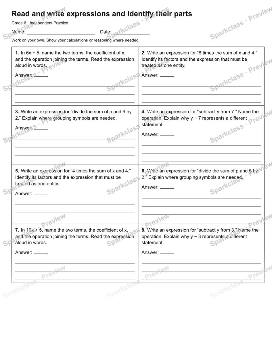 Read and write expressions and identify their parts — Independent Practice — page 1