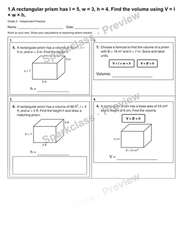 1.A rectangular prism has l = 5, w = 3, h = 4. Find the volume using V = l × w × h. — Independent Practice — Grade 5 worksheet preview