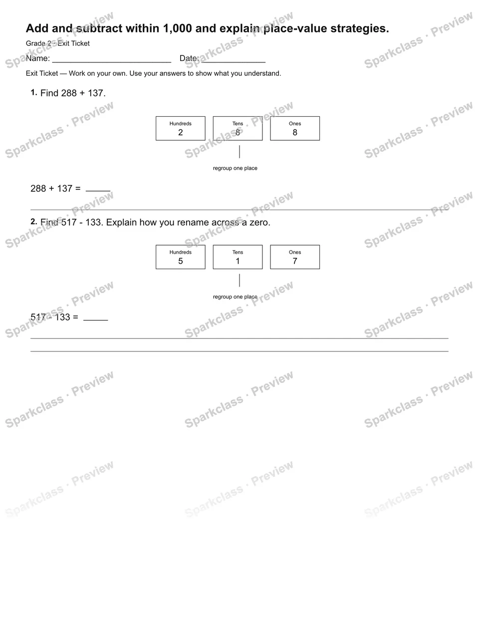Add and subtract within 1,000 and explain place-value strategies. — Exit Ticket — page 2