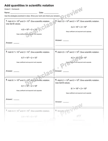 Add quantities in scientific notation — Homework — Grade 8 worksheet preview