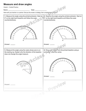 Measure and draw angles — Guided Practice — Grade 4 worksheet preview