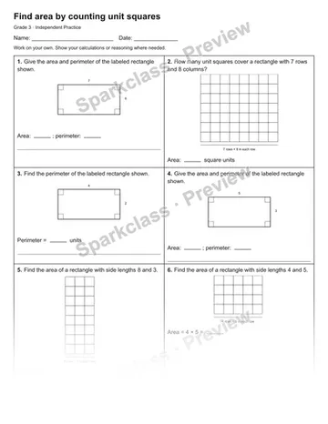Find area by counting unit squares — Independent Practice — Grade 3 worksheet preview
