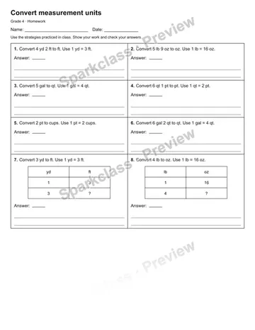 Convert measurement units — Homework — Grade 4 worksheet preview