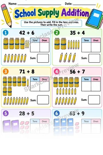 School Supply Addition — Grade 1 worksheet preview