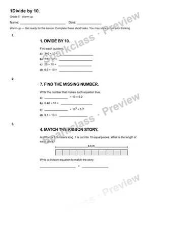 1Divide by 10. — Warm-up — Grade 5 worksheet preview