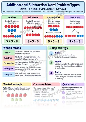 Knowledge Guide · Addition and Subtraction Word Problem Types — Grade 1 worksheet preview