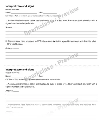 Interpret zero and signs — Exit Ticket — Grade 6 worksheet preview