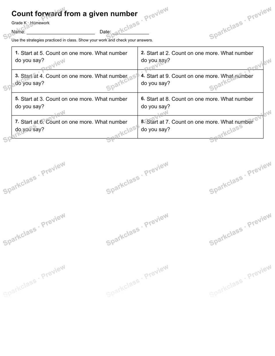 Count forward from a given number — Homework — page 1