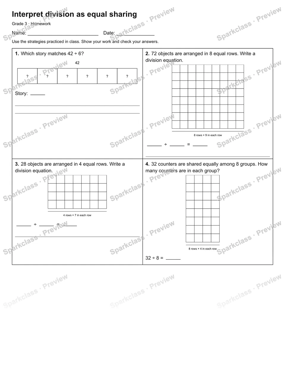 Interpret division as equal sharing — Homework — page 1