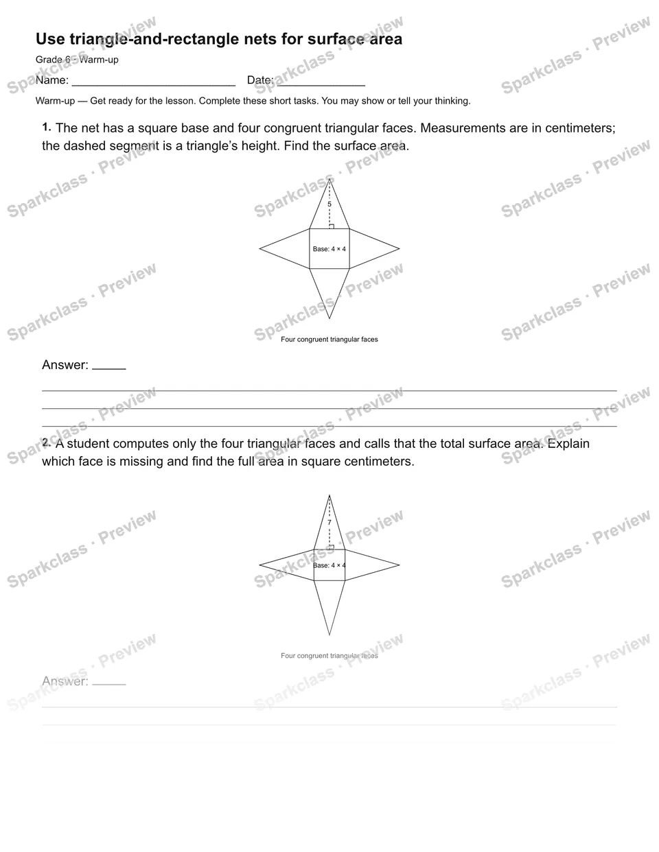 Use triangle-and-rectangle nets for surface area — Warm-up — page 1