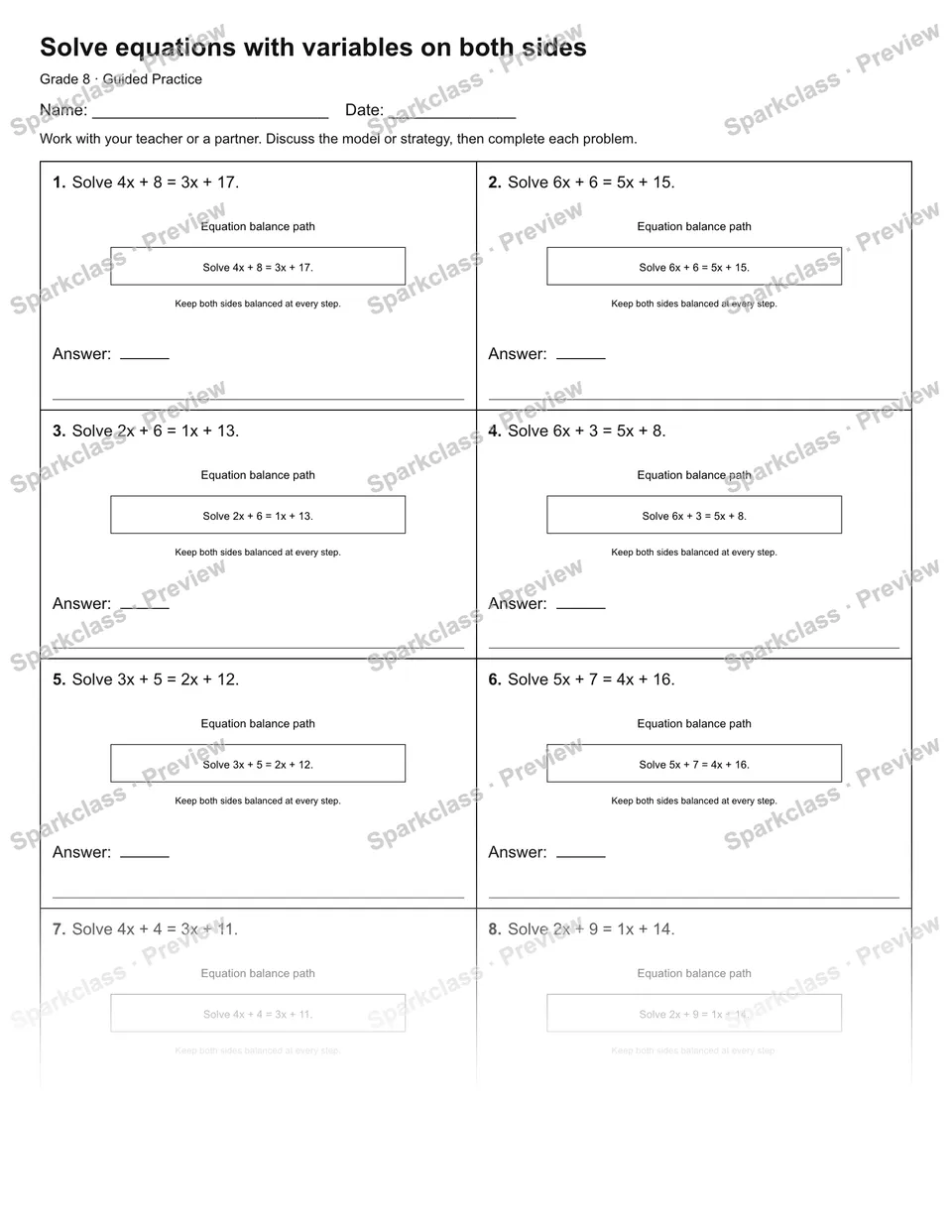 Solve equations with variables on both sides — Guided Practice — page 1