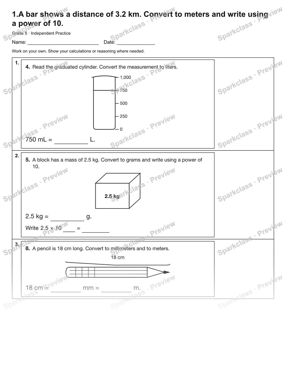 1.A bar shows a distance of 3.2 km. Convert to meters and write using a power of 10. — Independent Practice — page 1