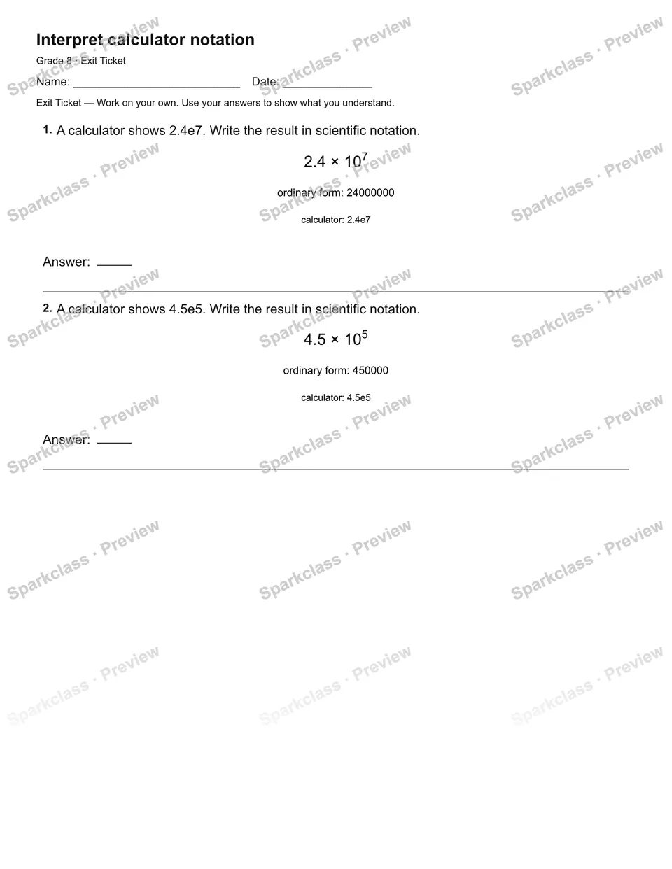 Interpret calculator notation — Exit Ticket — page 1