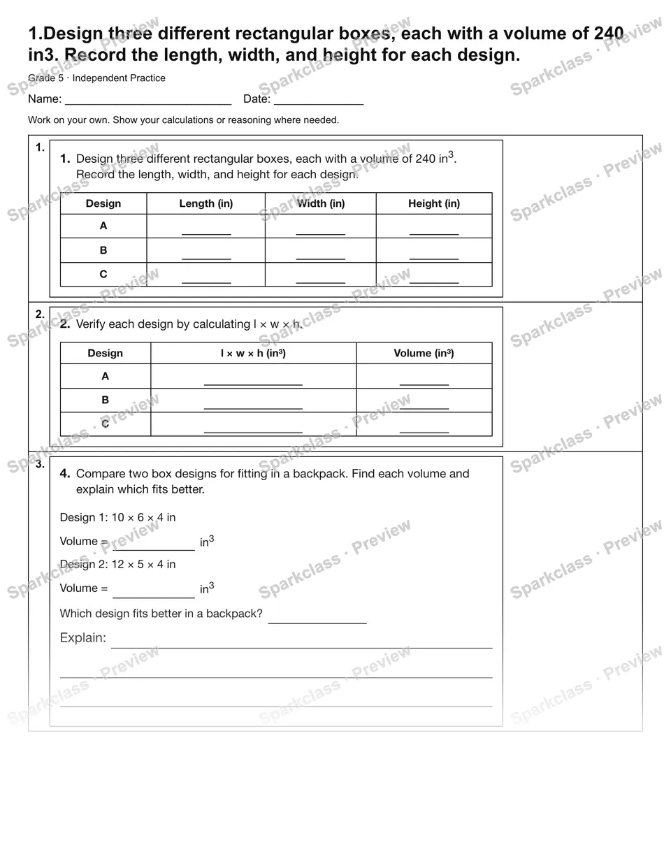 1.Design three different rectangular boxes, each with a volume of 240 in3. Record the length, width, and height for each design. — Independent Practice — page 1