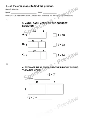 1.Use the area model to find the product. — Warm-up — Grade 5 worksheet preview