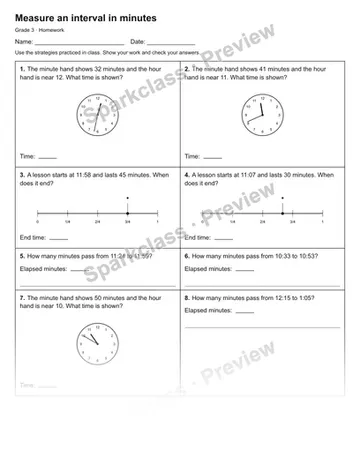 Measure an interval in minutes — Homework — Grade 3 worksheet preview