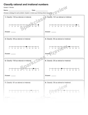 Classify rational and irrational numbers — Review — Grade 8 worksheet preview