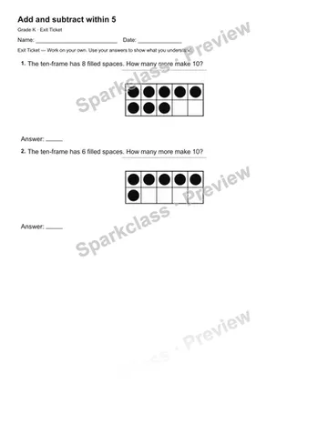 Add and subtract within 5 — Exit Ticket — Kindergarten worksheet preview