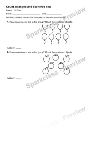 Count arranged and scattered sets — Exit Ticket — Kindergarten worksheet preview