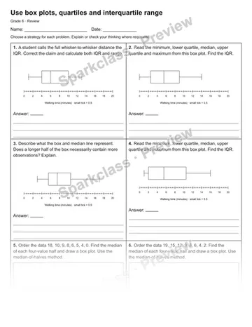 Use box plots, quartiles and interquartile range — Review — Grade 6 worksheet preview