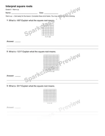 Interpret square roots — Warm-up — Grade 8 worksheet preview