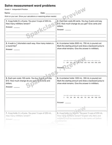 Solve measurement word problems — Independent Practice — Grade 4 worksheet preview