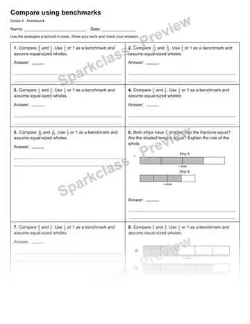 Compare using benchmarks — Homework — Grade 4 worksheet preview