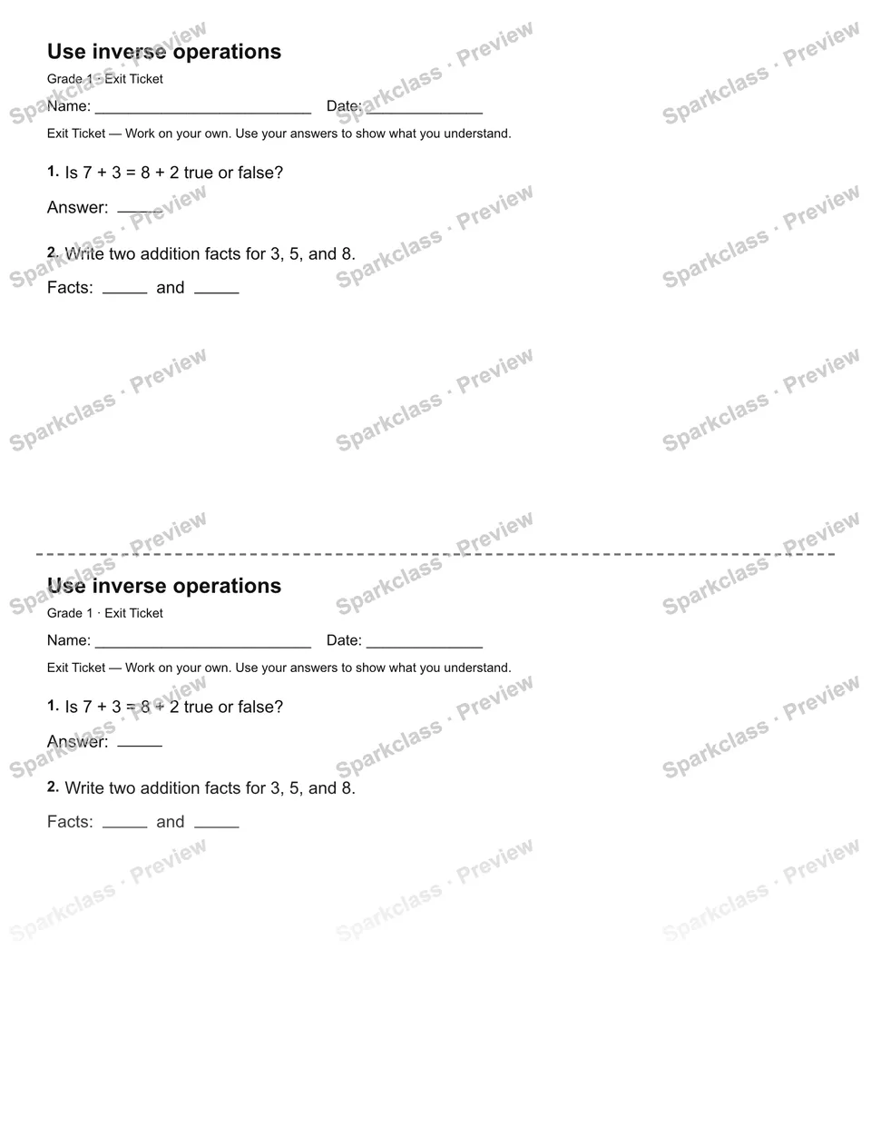Use inverse operations — Exit Ticket — page 1