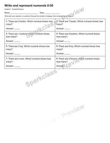 Write and represent numerals 0-20 — Guided Practice — Kindergarten worksheet preview
