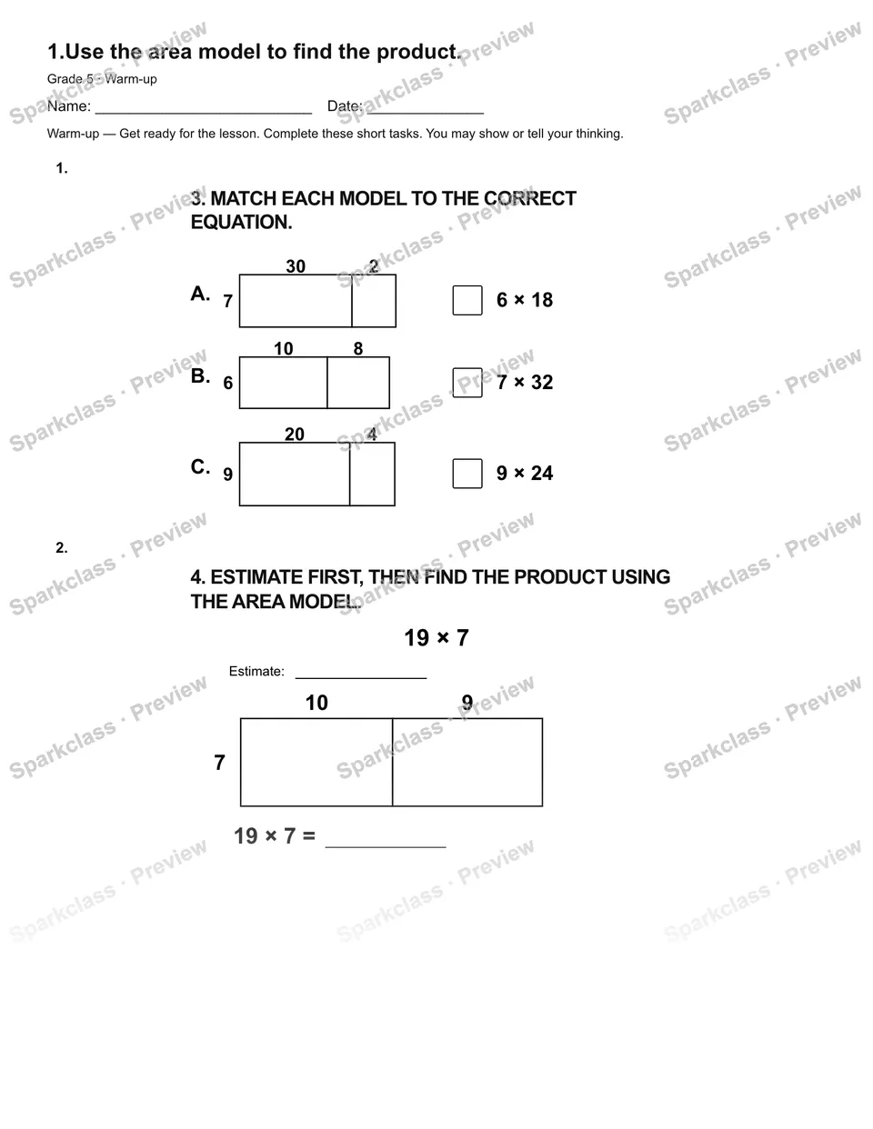 1.Use the area model to find the product. — Warm-up — page 1