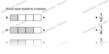 Match each model to a fraction. A. B. C. 1/2 1/4 3/4 — Grade 5 problem preview