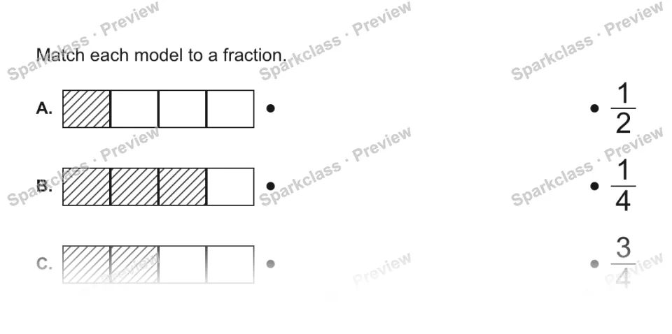 Match each model to a fraction. A. B. C. 1/2 1/4 3/4 — page 1