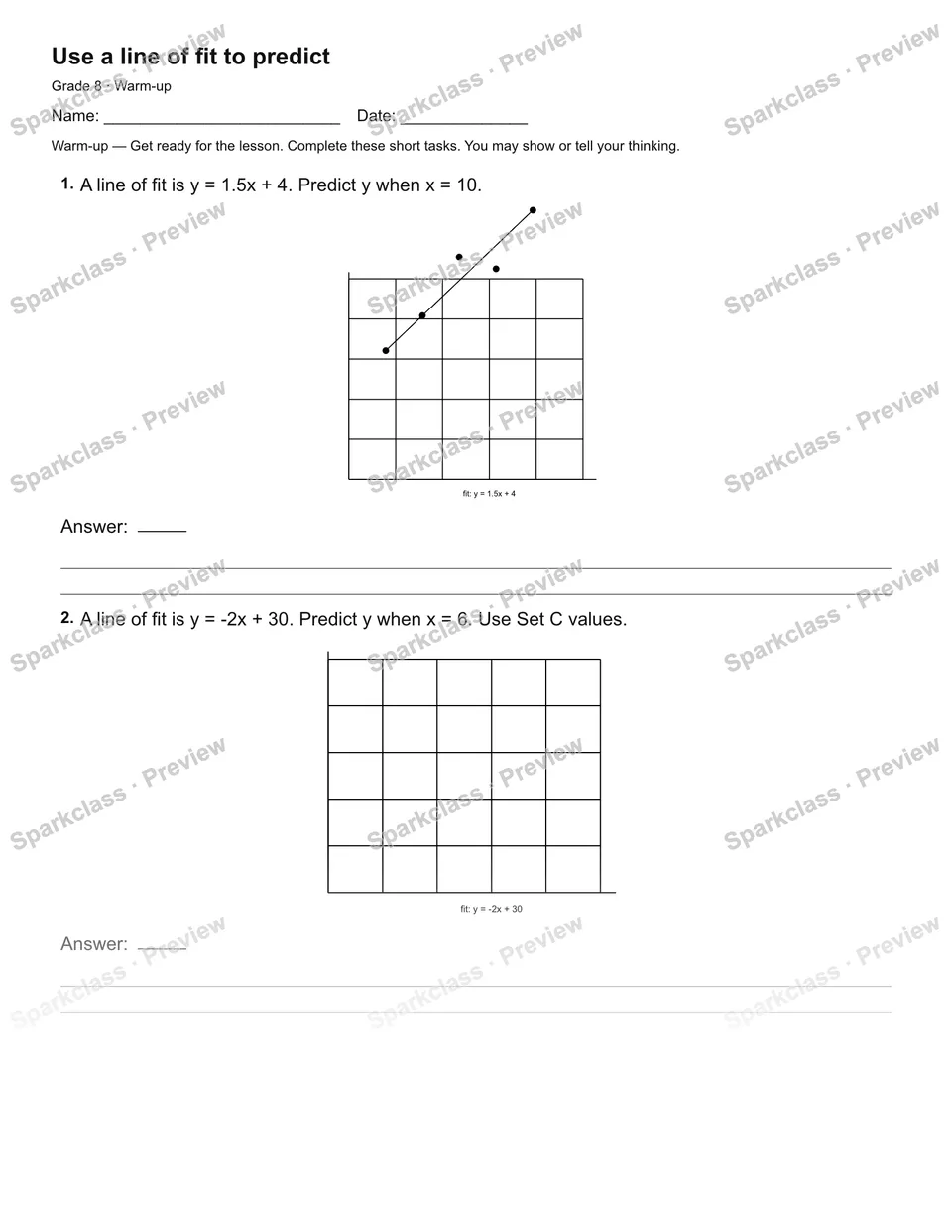 Use a line of fit to predict — Warm-up — page 2