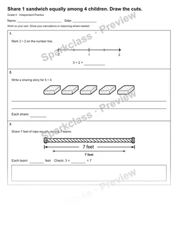 Share 1 sandwich equally among 4 children. Draw the cuts. — Independent Practice — Grade 5 worksheet preview
