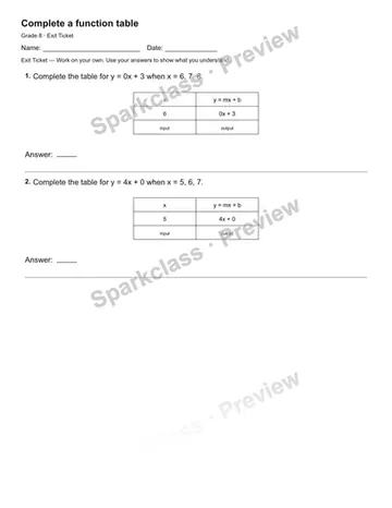Complete a function table — Exit Ticket — Grade 8 worksheet preview