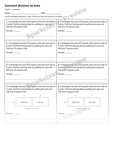 Connect division to area — Homework — Grade 4 worksheet preview