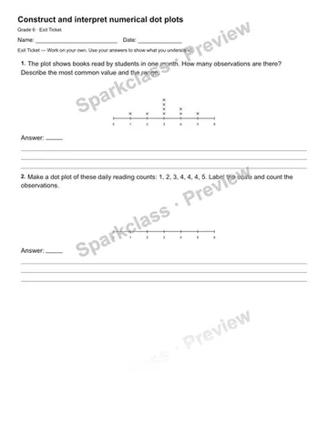 Construct and interpret numerical dot plots — Exit Ticket — Grade 6 worksheet preview