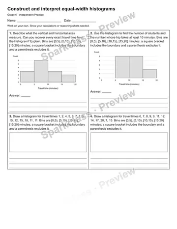 Construct and interpret equal-width histograms — Independent Practice — Grade 6 worksheet preview