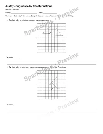 Justify congruence by transformations — Warm-up — Grade 8 worksheet preview