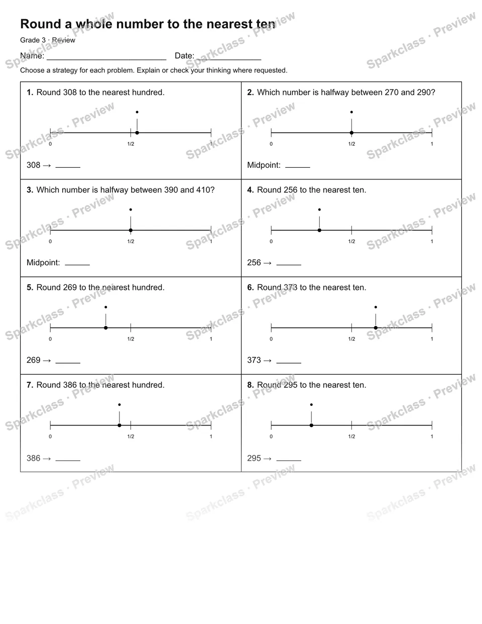 Round a whole number to the nearest ten — Review — page 1