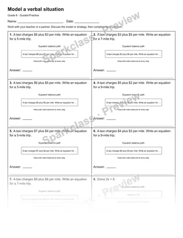 Model a verbal situation — Guided Practice — Grade 8 worksheet preview