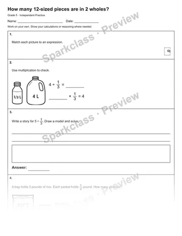 How many 12-sized pieces are in 2 wholes? — Independent Practice — Grade 5 worksheet preview