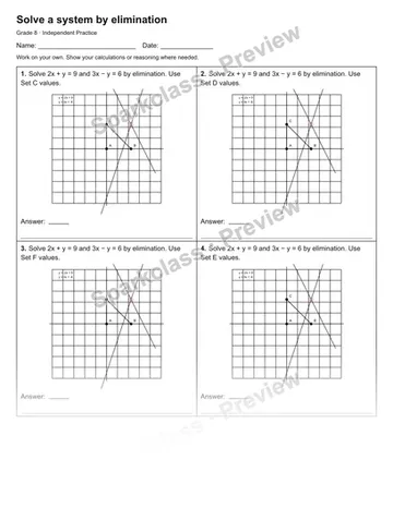 Solve a system by elimination — Independent Practice — Grade 8 worksheet preview
