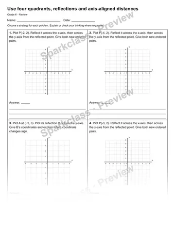 Use four quadrants, reflections and axis-aligned distances — Review — Grade 6 worksheet preview
