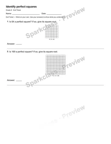 Identify perfect squares — Exit Ticket — Grade 8 worksheet preview