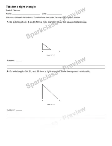 Test for a right triangle — Warm-up — Grade 8 worksheet preview