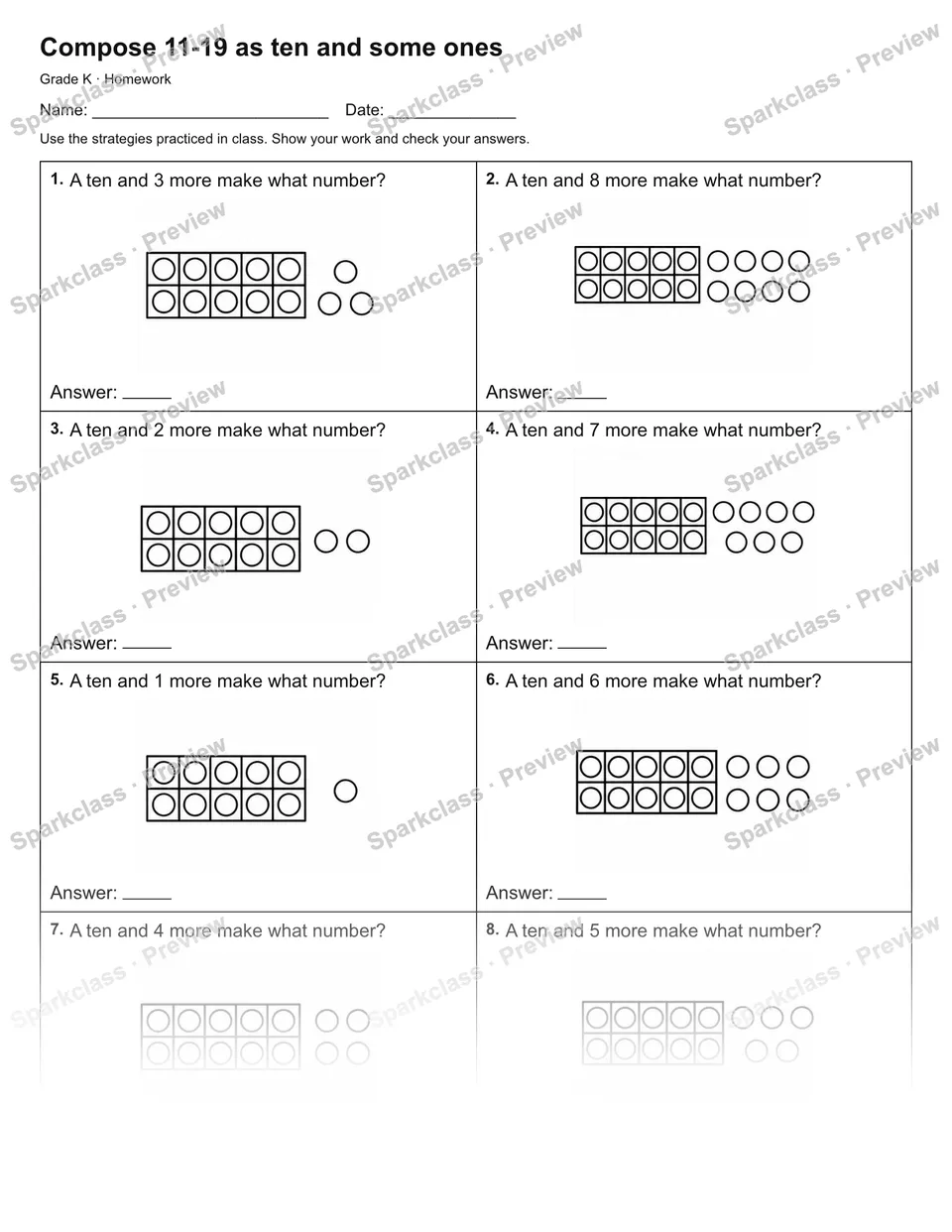 Compose 11-19 as ten and some ones — Homework — page 1