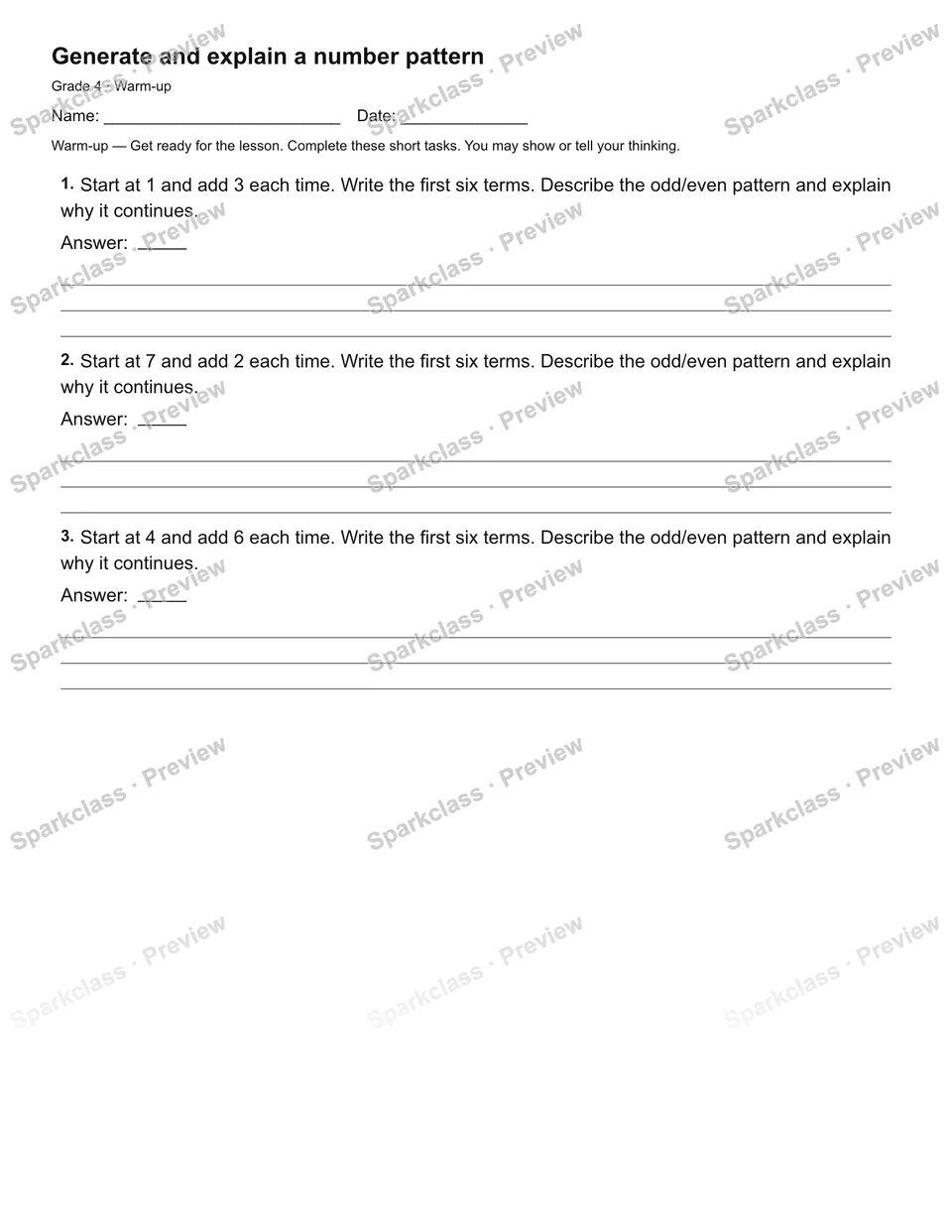 Generate and explain a number pattern — Warm-up — page 1