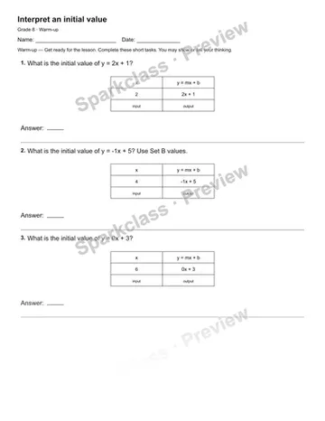 Interpret an initial value — Warm-up — Grade 8 worksheet preview
